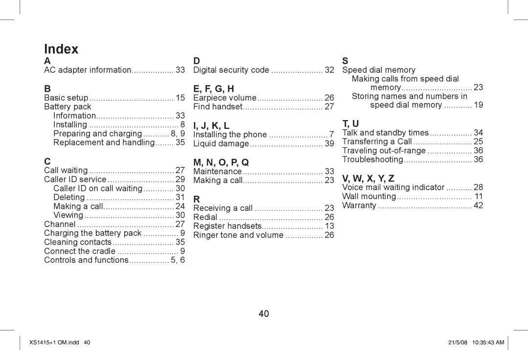 Uniden XS1415/1415+1 owner manual Index, G, H, K, L, O, P, Q, X, Y, Z 