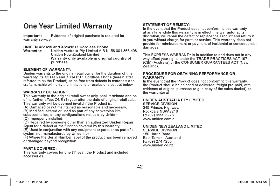 Uniden XS1415/1415+1 owner manual One Year Limited Warranty, Element of Warranty 