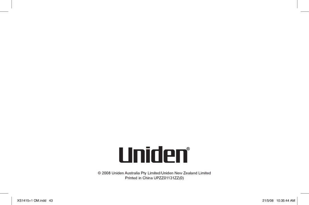 Uniden XS1415/1415+1 owner manual Uniden Australia Pty Limited/Uniden New Zealand Limited 