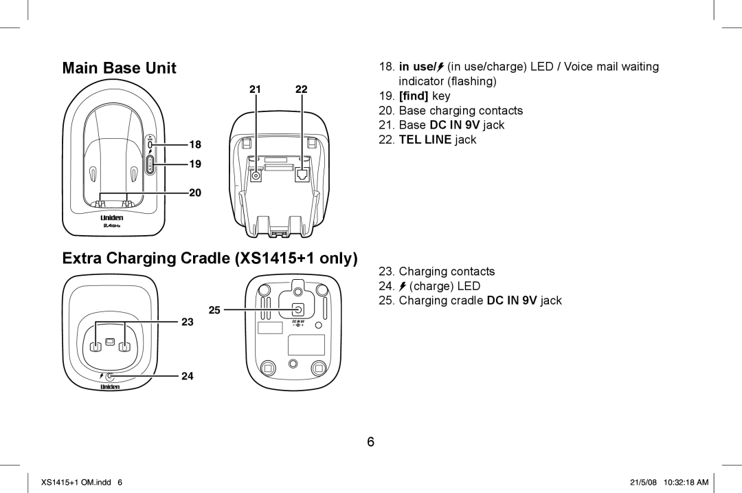 Uniden XS1415/1415+1 owner manual Main Base Unit, Extra Charging Cradle XS1415+1 only, Find key, TEL Line jack 