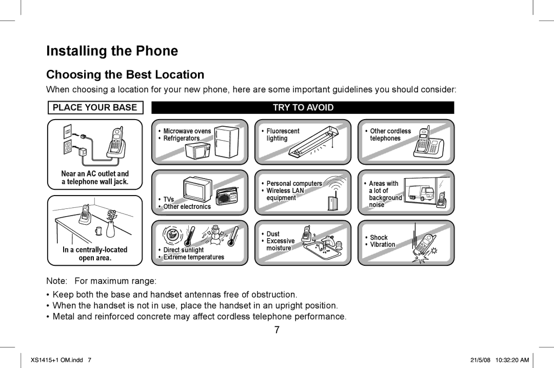 Uniden XS1415/1415+1 owner manual Installing the Phone, Choosing the Best Location 