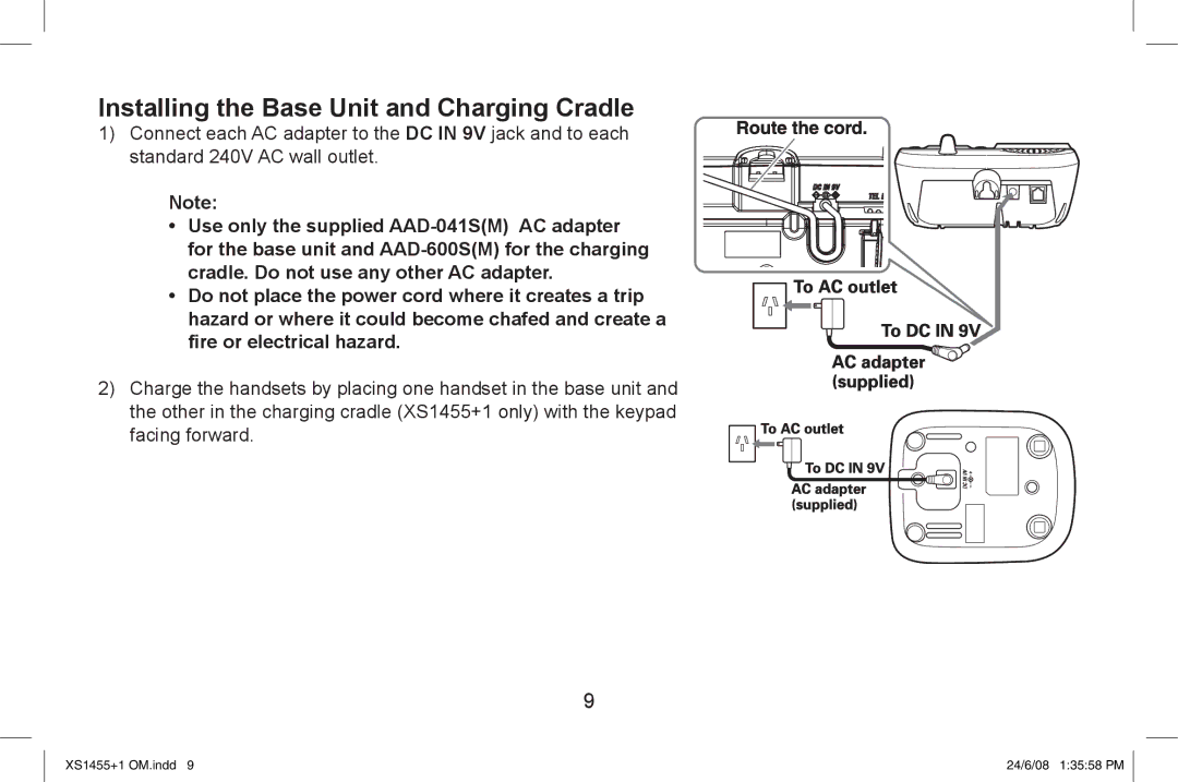 Uniden XS1455/1455+1 owner manual Installing the Base Unit and Charging Cradle 