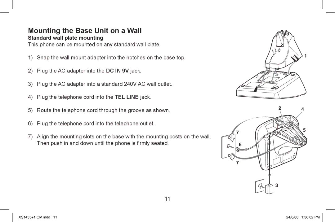 Uniden XS1455/1455+1 owner manual Mounting the Base Unit on a Wall, Standard wall plate mounting 