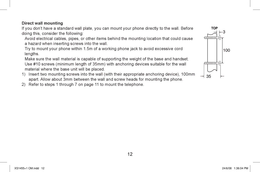 Uniden XS1455/1455+1 owner manual Direct wall mounting, 3mm 100mm 35mm 