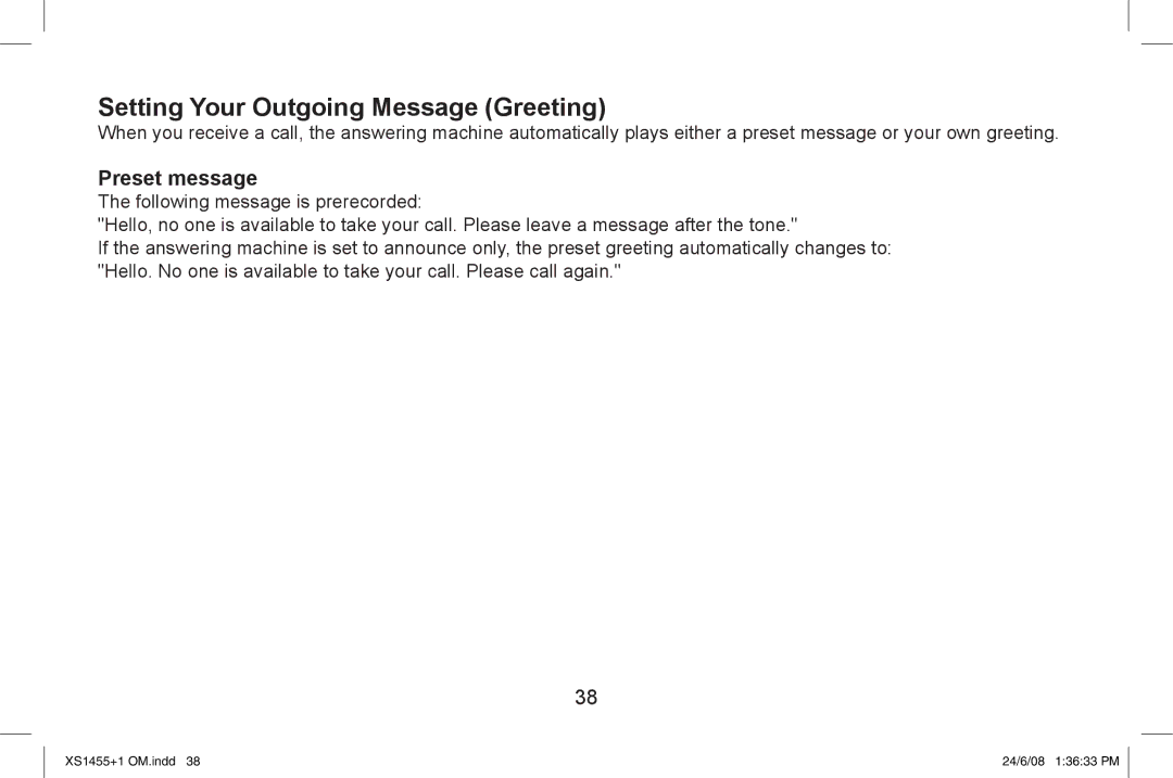 Uniden XS1455/1455+1 owner manual Setting Your Outgoing Message Greeting, Preset message 