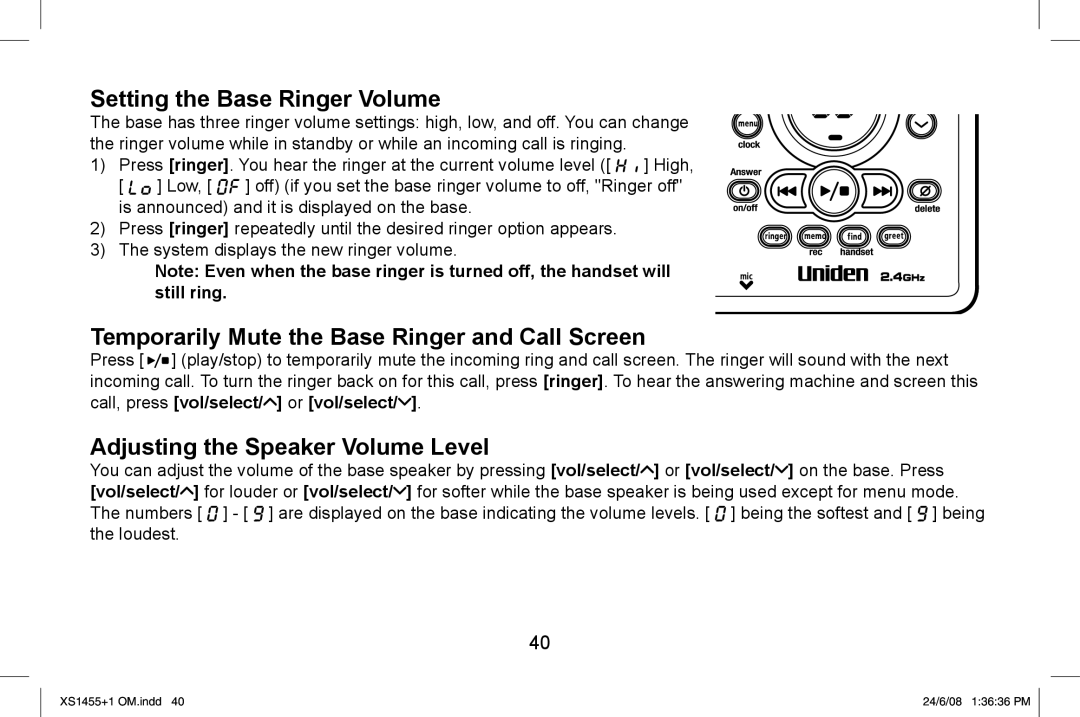 Uniden XS1455/1455+1 owner manual Setting the Base Ringer Volume, Temporarily Mute the Base Ringer and Call Screen 