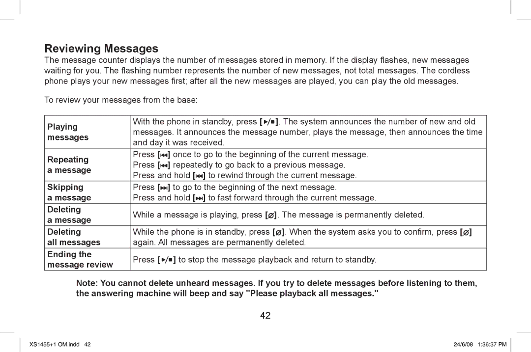 Uniden XS1455/1455+1 owner manual Reviewing Messages, Day it was received 