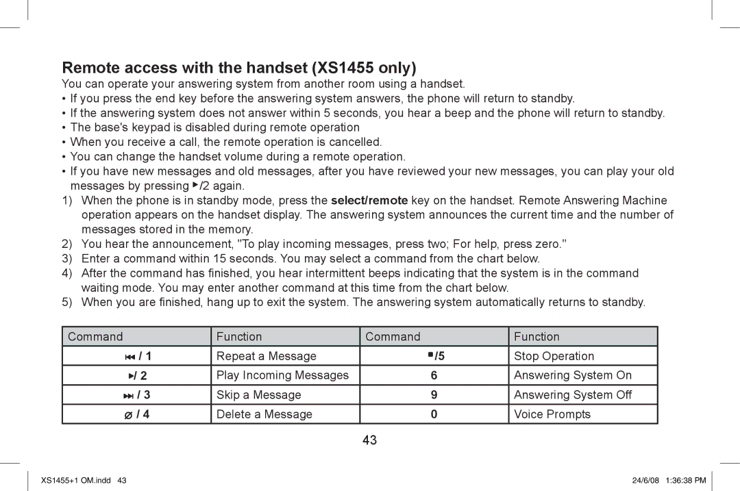 Uniden XS1455/1455+1 owner manual Remote access with the handset XS1455 only 