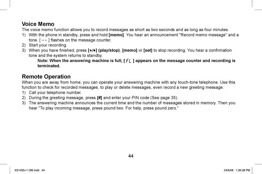 Uniden XS1455/1455+1 owner manual Voice Memo, Remote Operation 