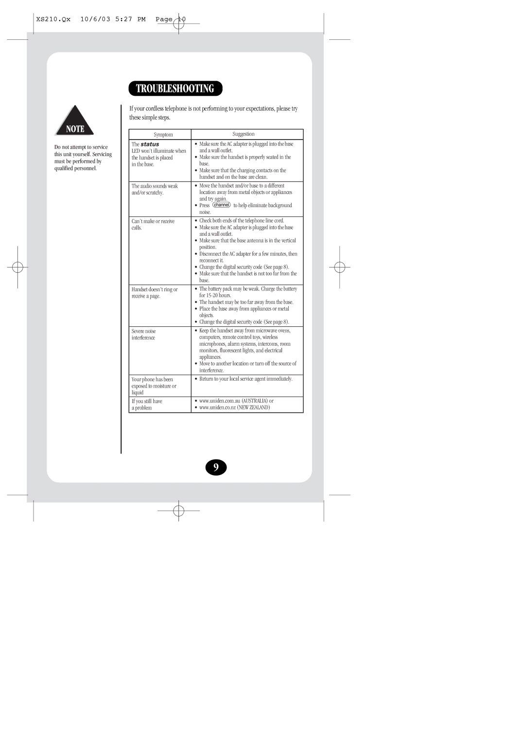 Uniden XS210 manual Troubleshooting, Status 