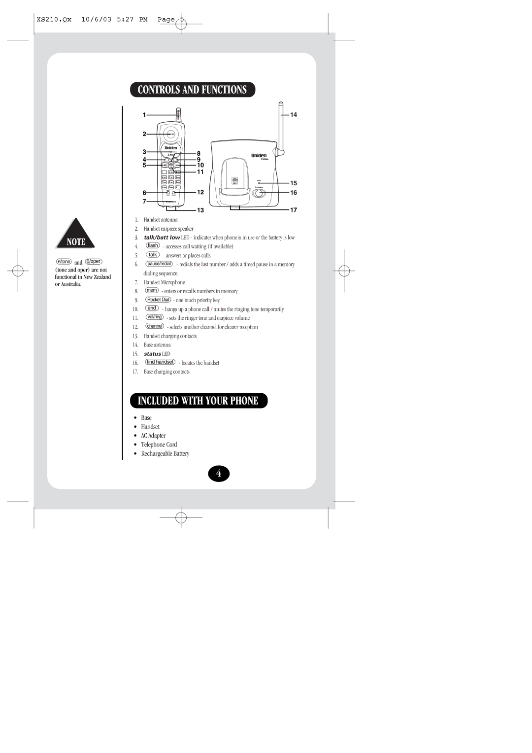 Uniden XS210 Controls and Functions, Included with Your Phone, Base Handset AC Adapter Telephone Cord Rechargeable Battery 