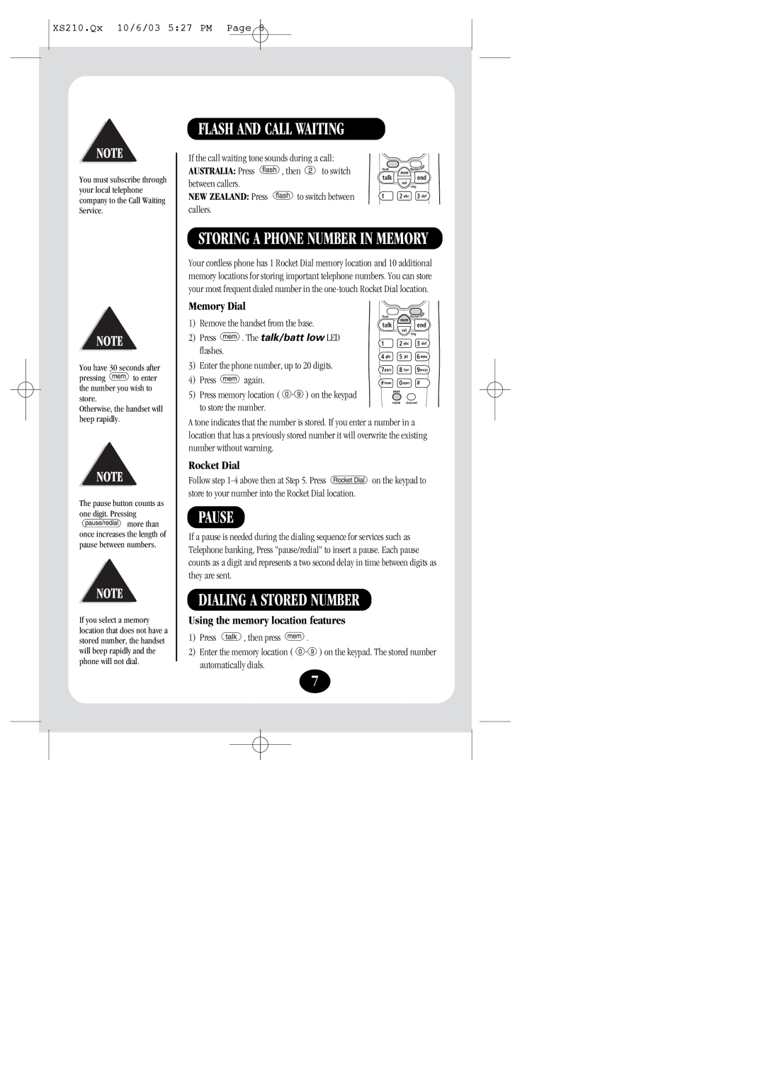 Uniden XS210 manual Flash and Call Waiting, Pause, Dialing a Stored Number, NEW Zealand Press to switch between callers 