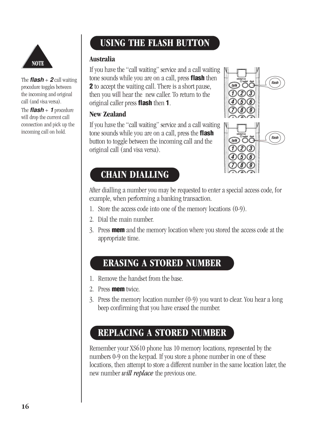 Uniden XS610 manual Using the Flash Button, Chain Dialling, Erasing a Stored Number, Replacing a Stored Number 