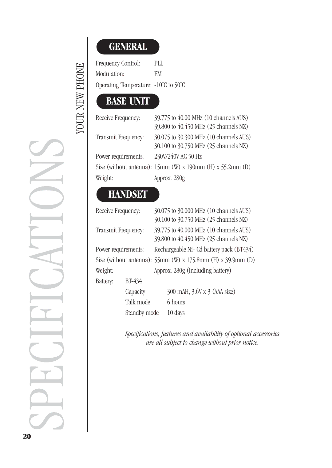 Uniden XS610 manual Specifications, General, Base Unit 