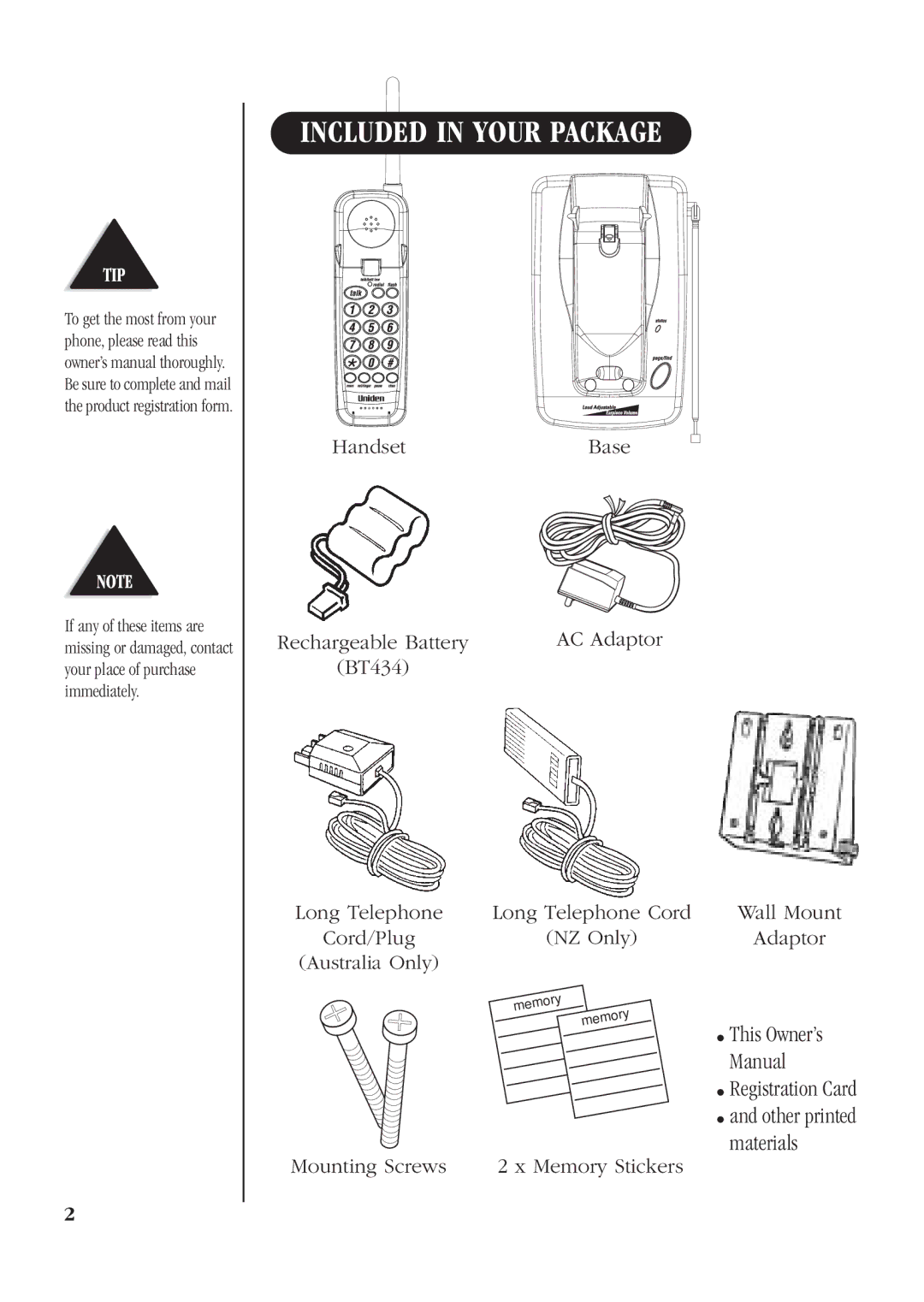 Uniden XS610 manual Included in Your Package, Mounting Screws Memory Stickers 