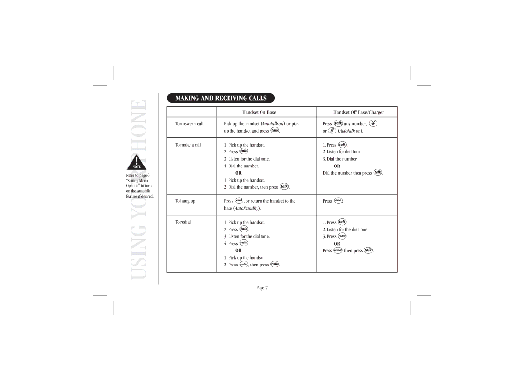 Uniden XS915 quick start Using, Making and Receiving Calls 