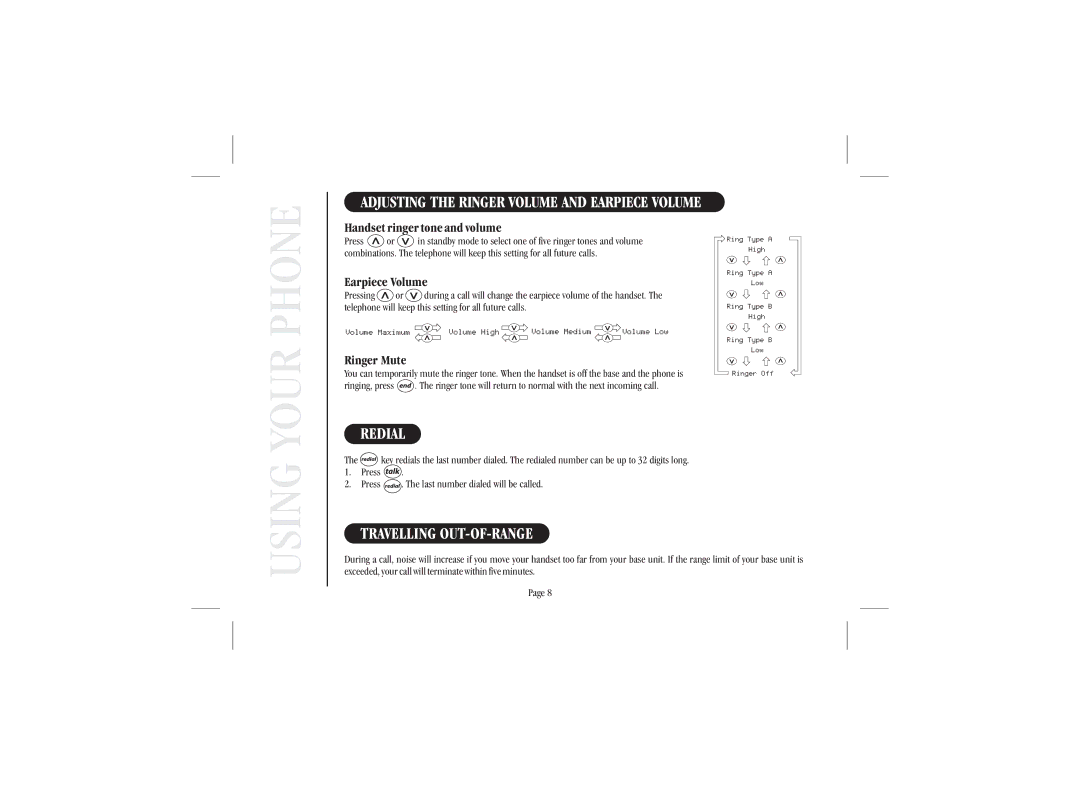 Uniden XS915 quick start Adjusting the Ringer Volume and Earpiece Volume, Redial, Travelling OUT-OF-RANGE 