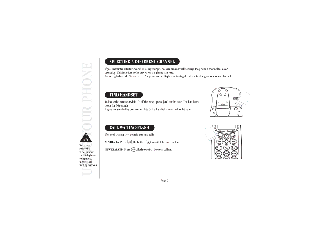 Uniden XS915 quick start Phoneyour, Selecting a Different Channel, Find Handset, Call WAITING/FLASH 