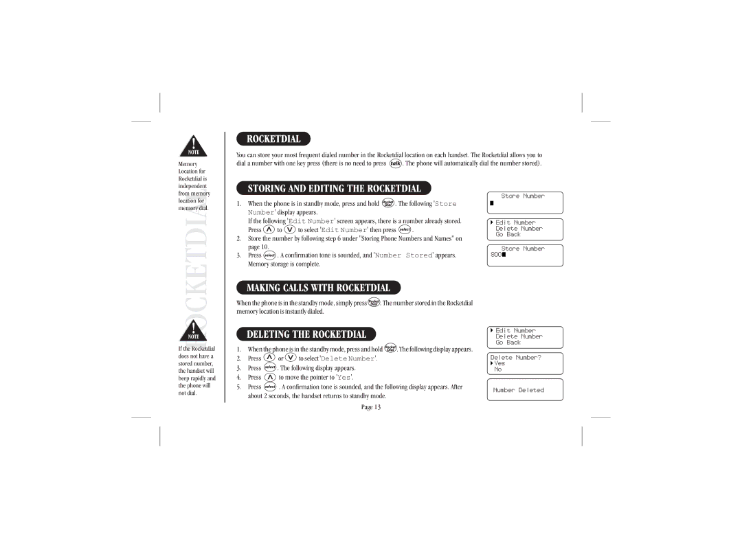 Uniden XS915 quick start Storing and Editing the Rocketdial, Making Calls with Rocketdial, Deleting the Rocketdial 