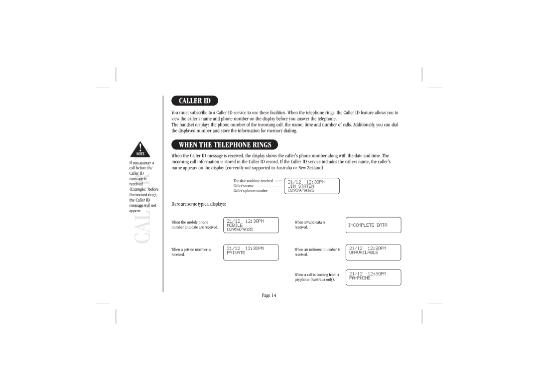 Uniden XS915 quick start Caller ID, When the Telephone Rings 