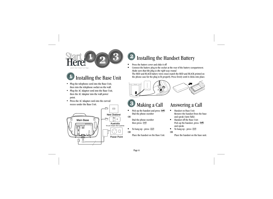 Uniden XS915 quick start Installing the Handset Battery 