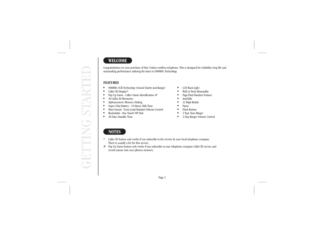 Uniden XS915 quick start Welcome, Features 