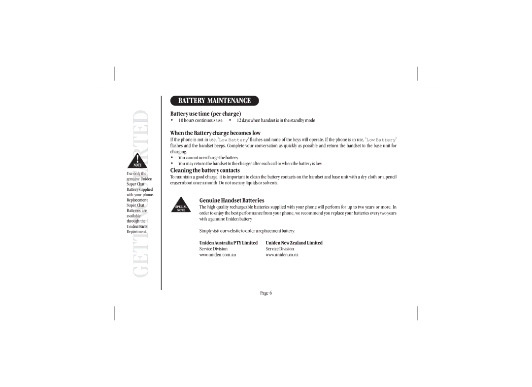 Uniden XSA 975 quick start Battery Maintenance, Battery use time per charge, When the Battery charge becomes low 