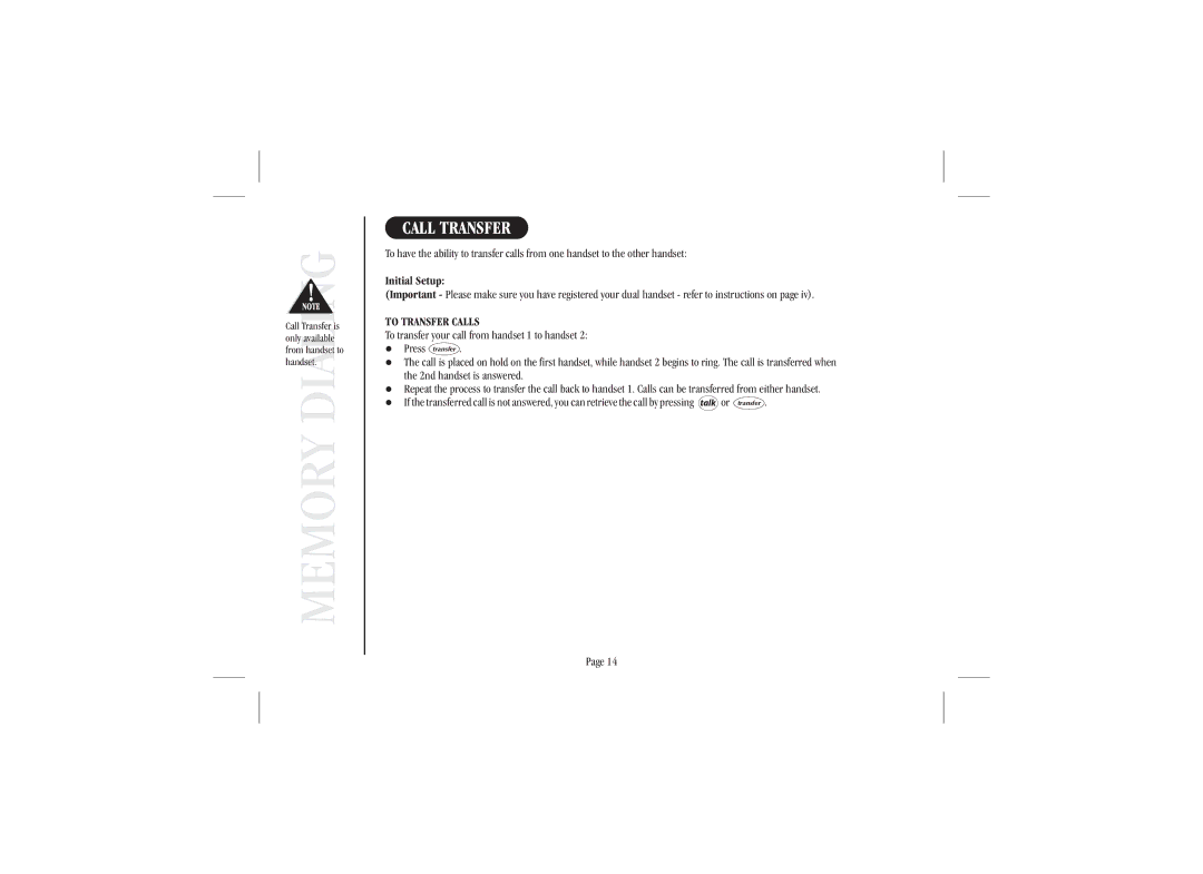 Uniden XSA 975 quick start Memory, To transfer your call from handset 1 to handset 