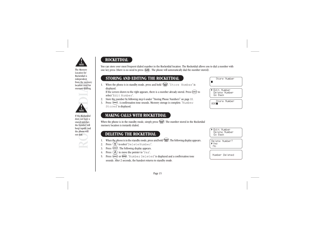 Uniden XSA 975 quick start Storing and Editing the Rocketdial, Making Calls with Rocketdial, Deleting the Rocketdial 