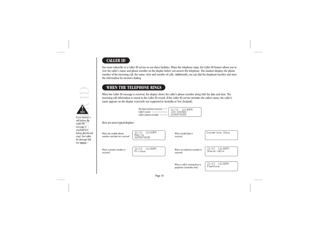 Uniden XSA 975 quick start Caller ID, When the Telephone Rings, Here are some typical displays 