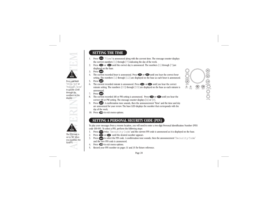 Uniden XSA 975 quick start Setting the Time, Setting a Personal Security Code PIN, Press Until the desired number appears 