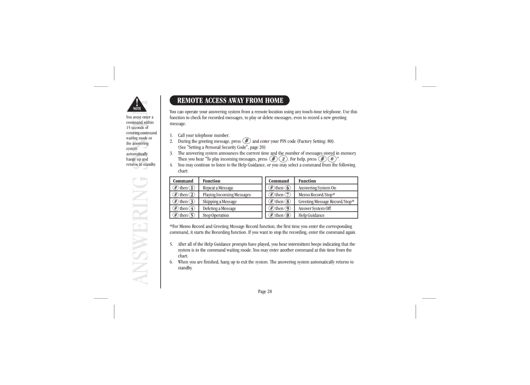 Uniden XSA 975 quick start Remote Access Away from Home, Function 