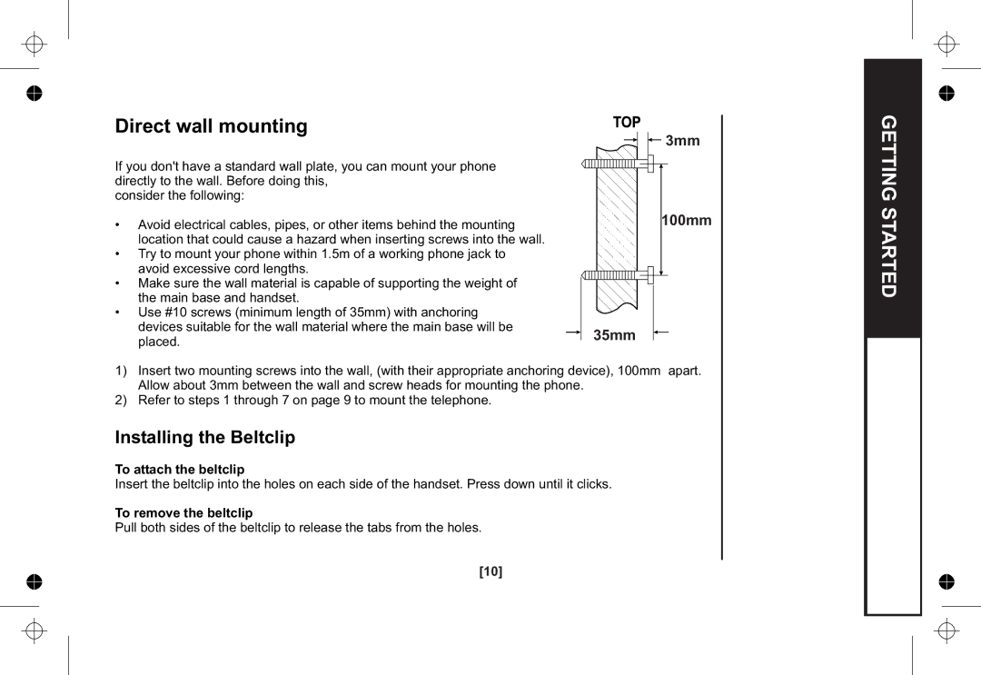 Uniden XSA1255+1 owner manual Direct wall mounting, Installing the Beltclip, To attach the beltclip, To remove the beltclip 