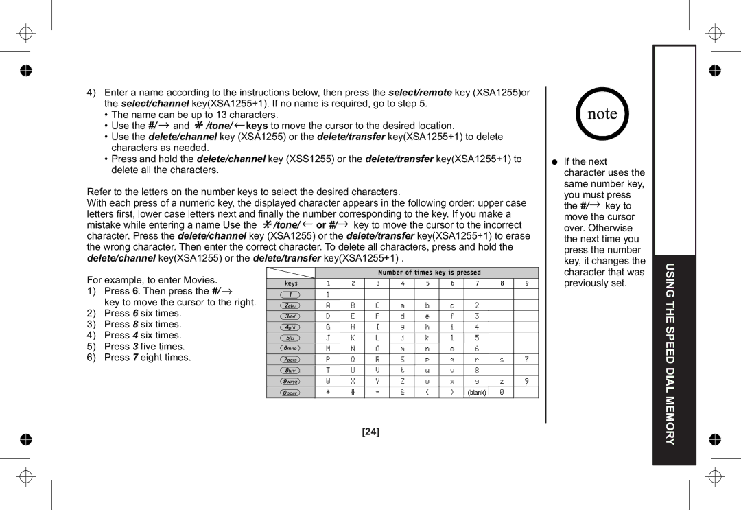 Uniden XSA1255+1 owner manual Using the Speed Dial Memory 