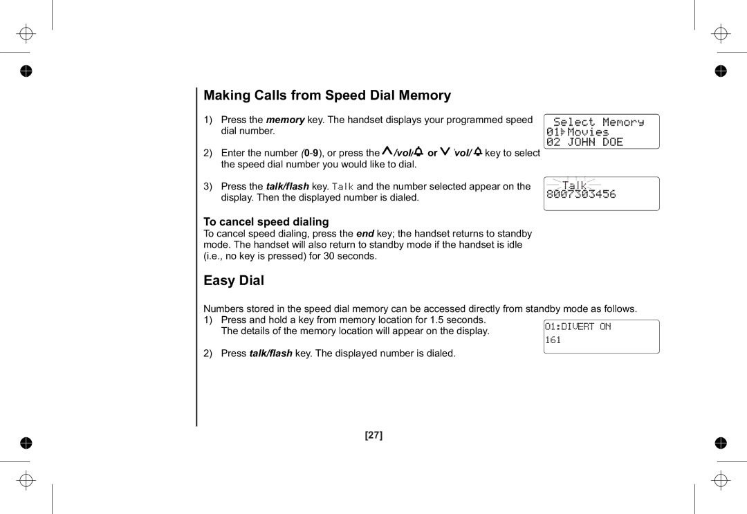 Uniden XSA1255+1 owner manual Making Calls from Speed Dial Memory, Easy Dial 