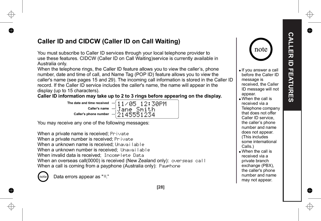 Uniden XSA1255+1 owner manual Caller ID and Cidcw Caller ID on Call Waiting, Caller ID Features 