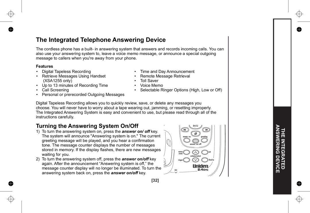 Uniden XSA1255+1 owner manual Integrated Telephone Answering Device, Turning the Answering System On/Off, Features 