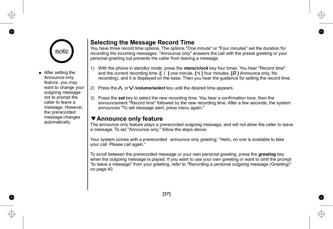 Uniden XSA1255+1 owner manual Selecting the Message Record Time, Announce only feature 