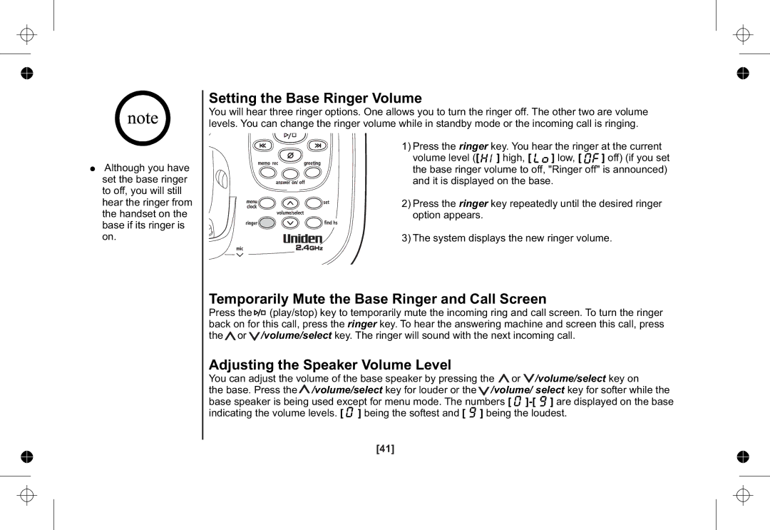 Uniden XSA1255+1 owner manual Setting the Base Ringer Volume, Temporarily Mute the Base Ringer and Call Screen 