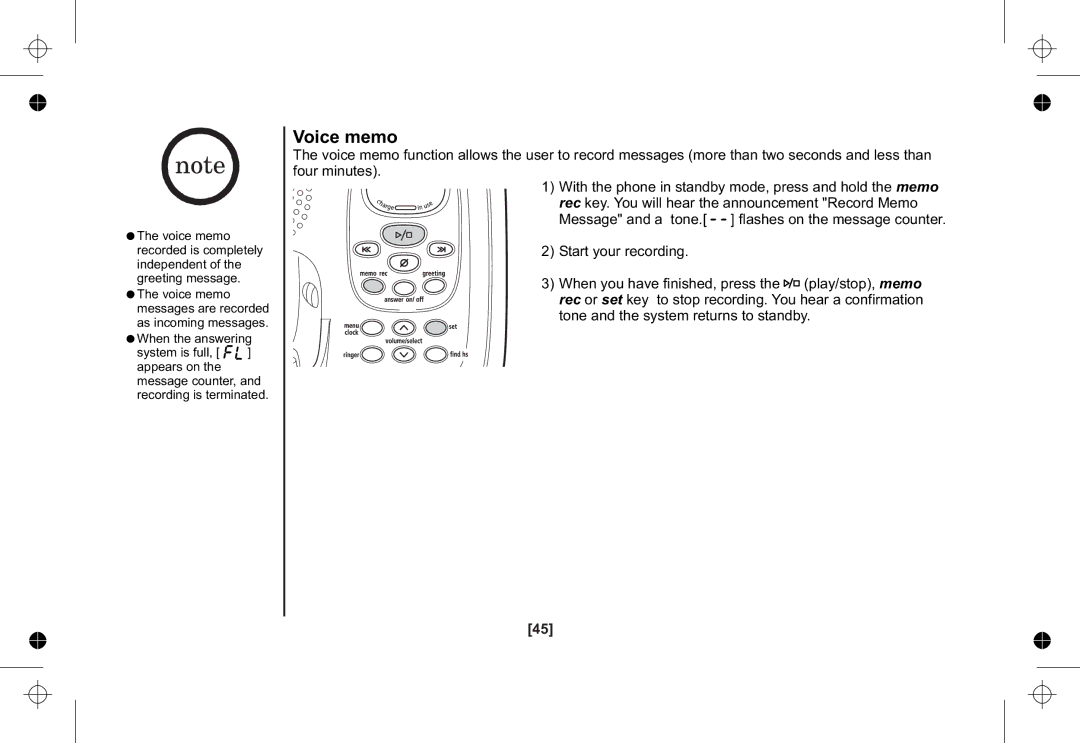 Uniden XSA1255+1 owner manual Voice memo 