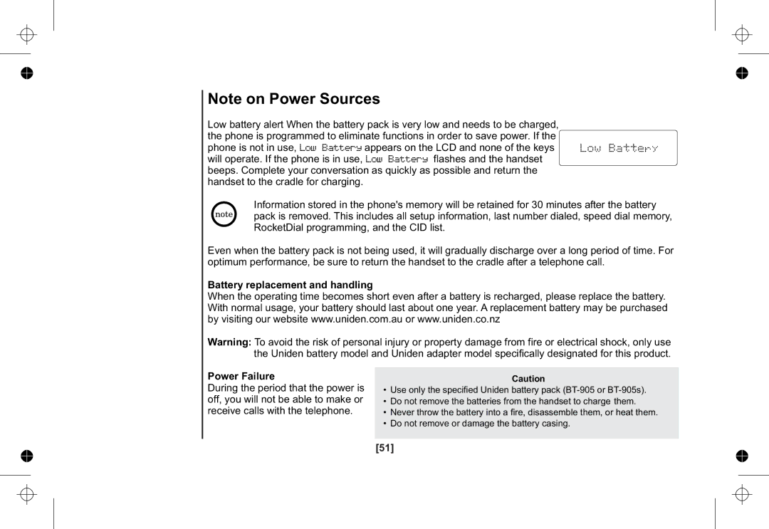 Uniden XSA1255+1 owner manual Battery replacement and handling Power Failure 