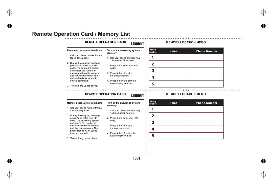 Uniden XSA1255+1 owner manual Remote Operation Card / Memory List 