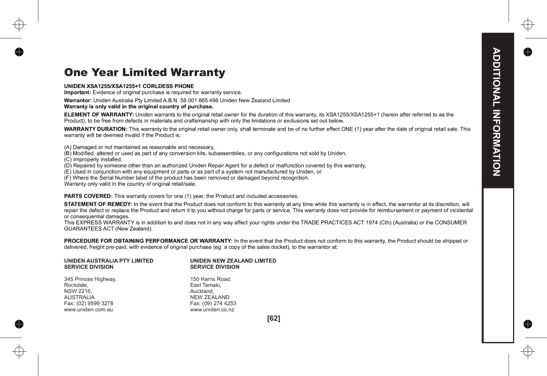 Uniden owner manual One Year Limited Warranty, Uniden XSA1255/XSA1255+1 Corldess Phone 