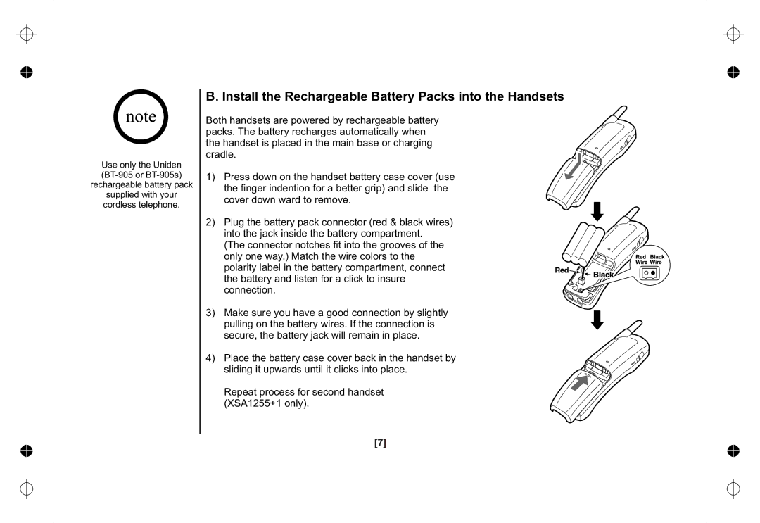 Uniden XSA1255+1 owner manual Install the Rechargeable Battery Packs into the Handsets 