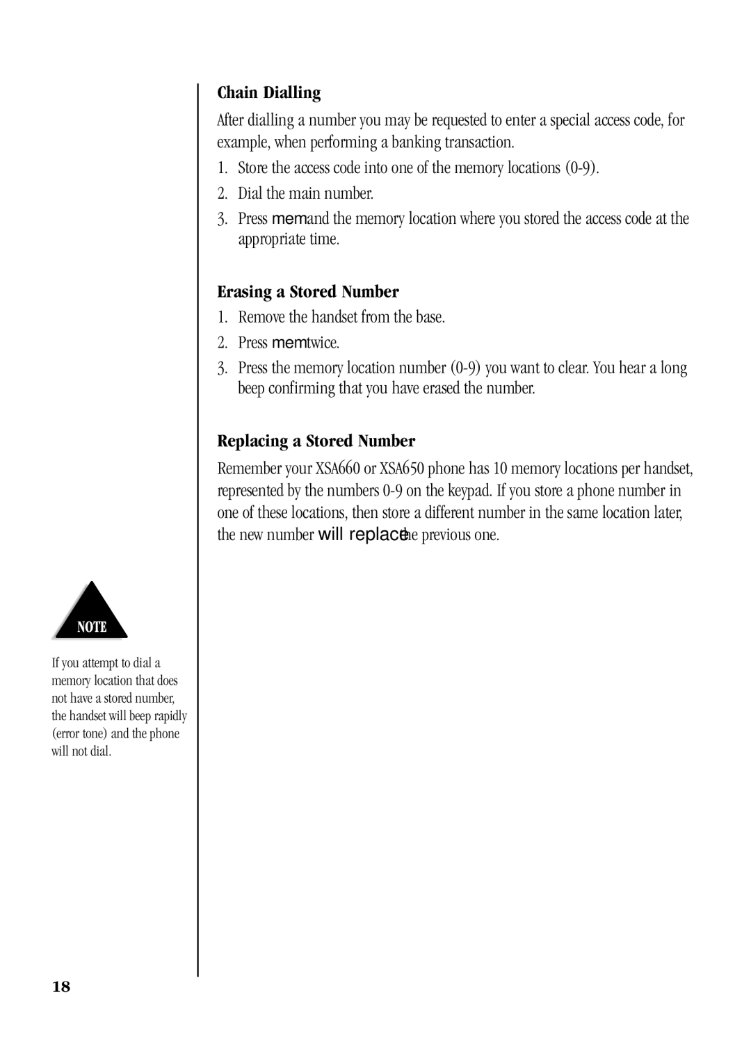 Uniden XSA660, XSA650 manual Chain Dialling, Erasing a Stored Number, Replacing a Stored Number 