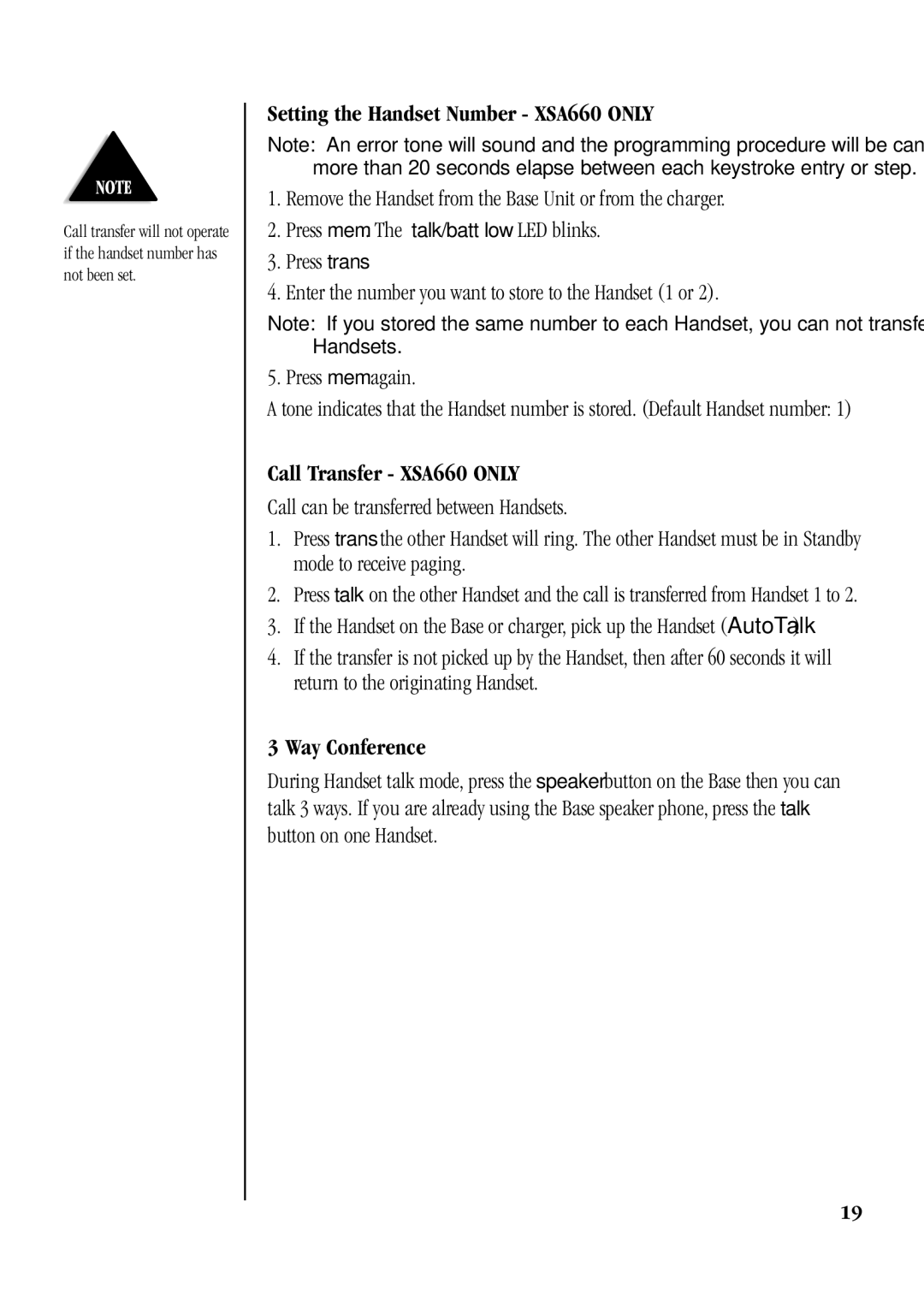 Uniden XSA650 manual Setting the Handset Number XSA660 only, Call Transfer XSA660 only, Way Conference 