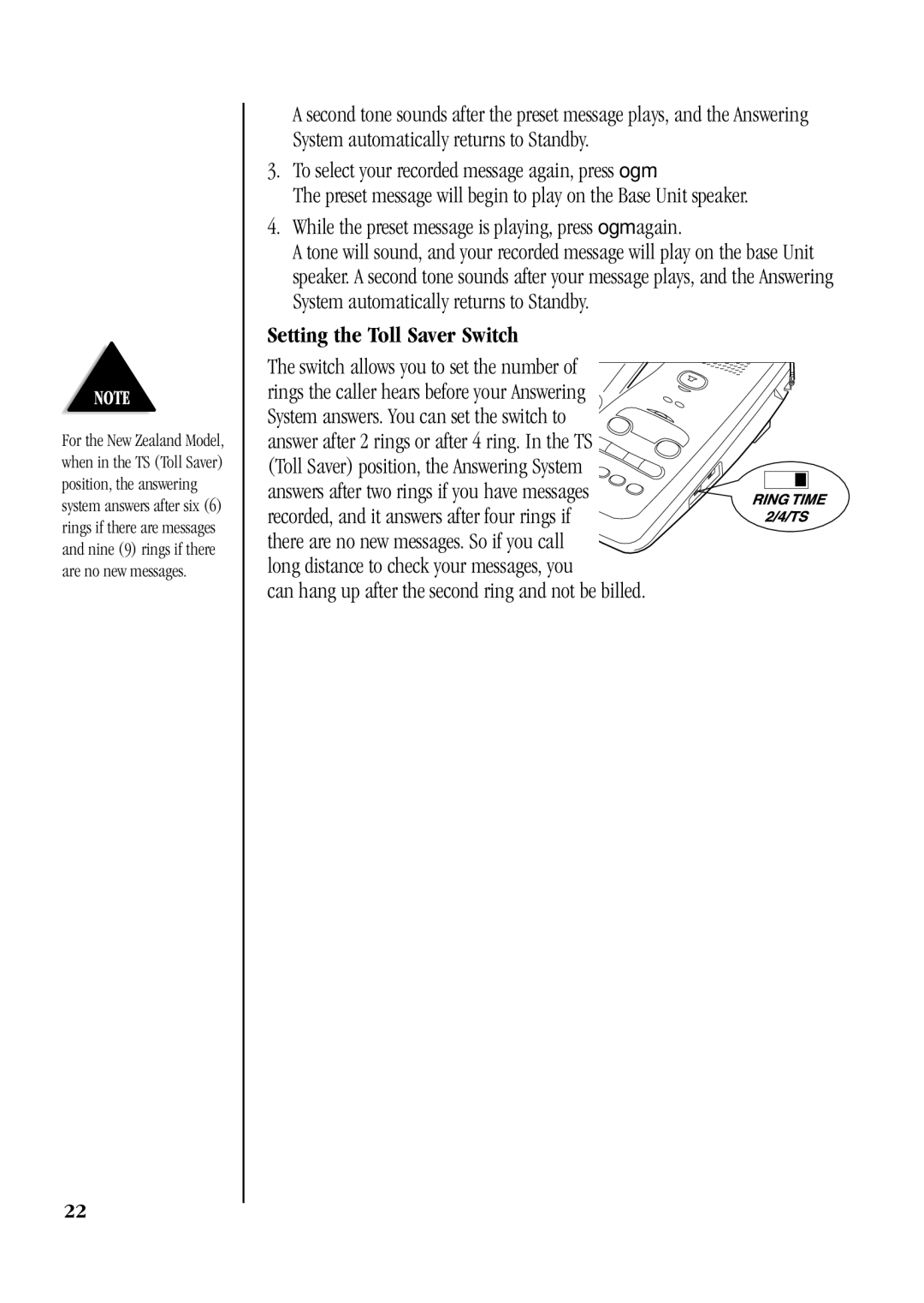 Uniden XSA660, XSA650 manual Setting the Toll Saver Switch, Can hang up after the second ring and not be billed 