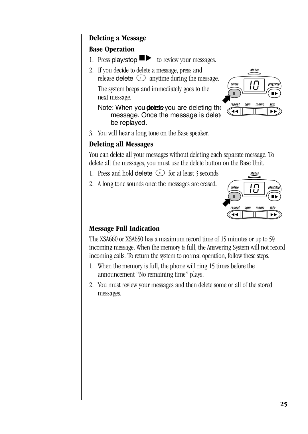 Uniden XSA650, XSA660 manual Deleting all Messages, Message Full Indication 