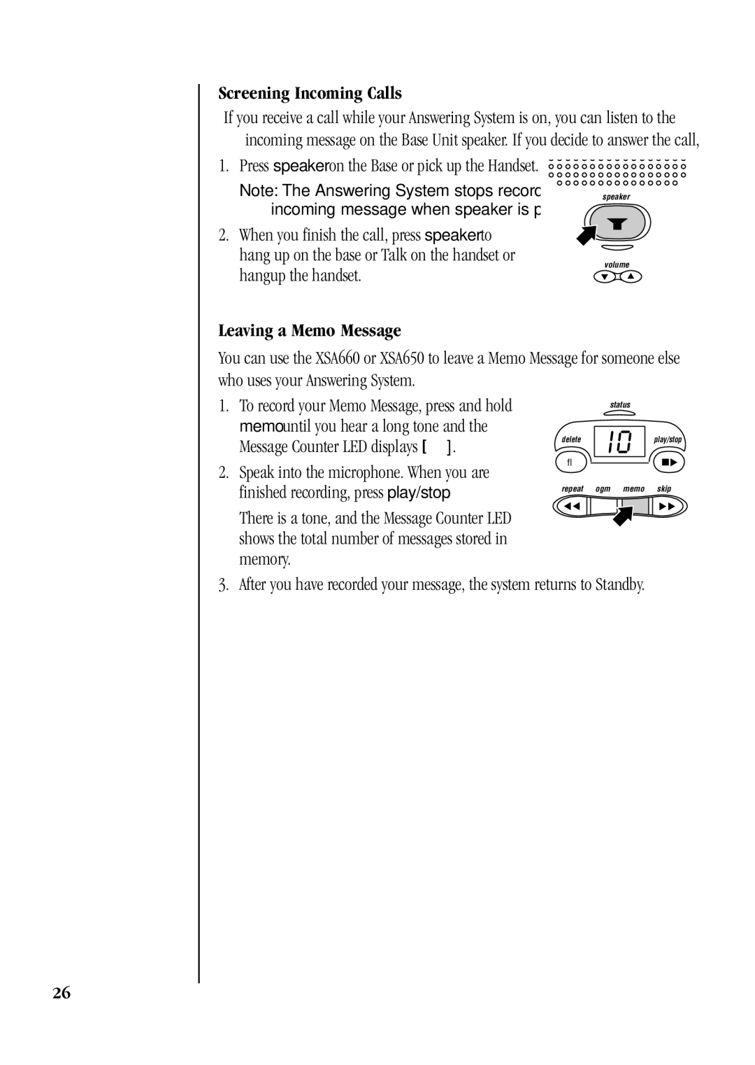 Uniden XSA660, XSA650 manual Screening Incoming Calls, Leaving a Memo Message 