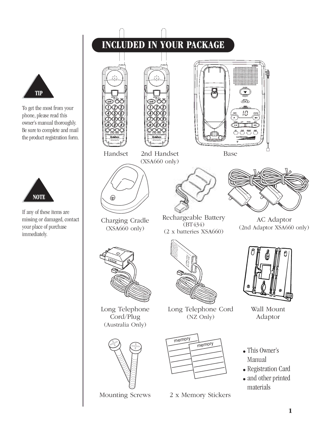 Uniden XSA650, XSA660 manual Included in Your Package, Registration Card 